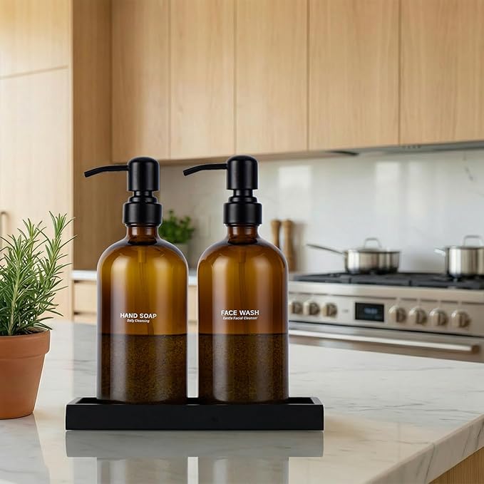 Glass Soap Dispenser Set for Kitchen, Hand and Dish Soap Dispenser with Stainless Steel Pump & Resin Tray, Rental-Modern Refillable Countertop Soap Dispenser for Kitchen Hotel,Amber