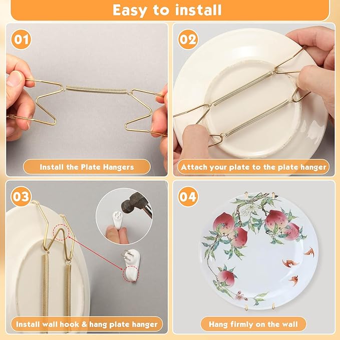 24 pcs Plate Hangers for The Wall, 4/6/8/10/12 Inch Invisible Decorative Wall Plate Hangers, Stainless Steel Plates Walls Hanger for Display Various Sizes with Hooks for Decorative