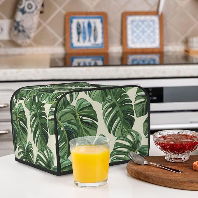 Tropical Monstera Leaf Covers for 4 Slice Toasters,Cute Country Bread Machine Cover with Handle,Washable Stain Resistant Kitchen Small Appliance Cover Dining Decor