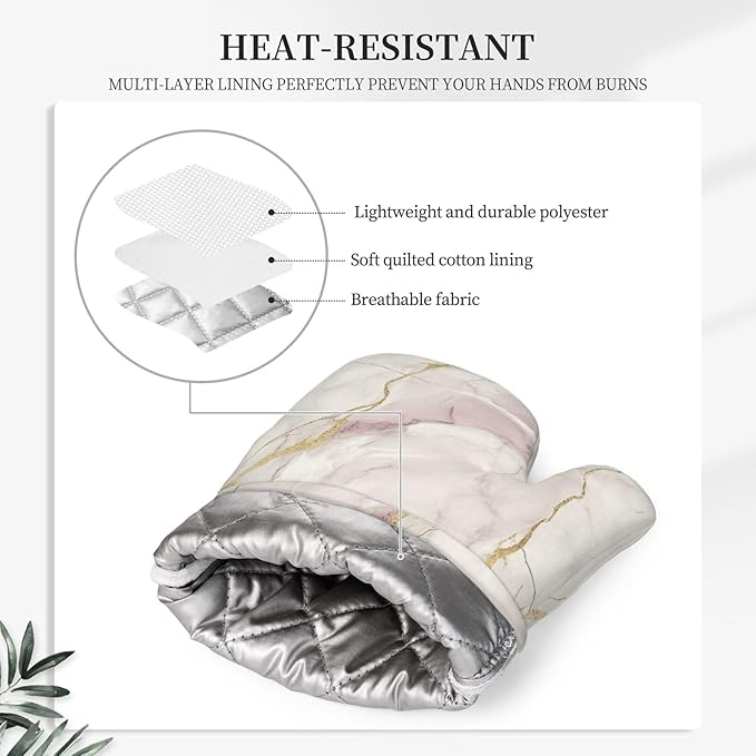 Oven Mitts and Pot Holders Light Pink White Marble Silicone Kitchen Accessories Set of 4 Heat Resistant Long Gloves Potholder Non-Slip Grip for Chef Cooking Baking Grilling BBQ