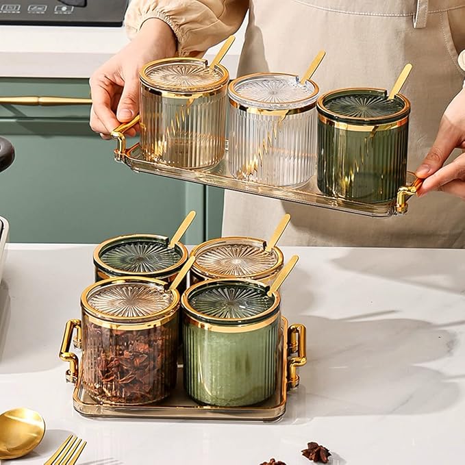 Acrylic Condiment Spice Jars,Condiment Spice Box With Lids and Spoons and Tray,Clear Plastic Condiment Canisters,Seasoning Box 6 Pack,Seasoning Box Set for Kitchen to Storage Salt,Paprika,Sugar