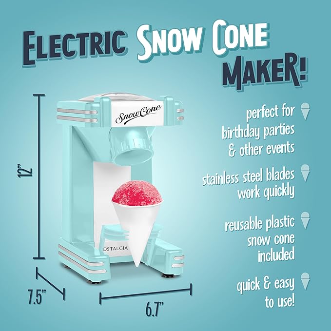 Nostalgia Retro Snow Cone Machine – Single-Serve Countertop Size – Shaved Ice Maker for Snow Cones, Slushies, & Hawaiian Ice - Includes Reusable Plastic Cup – Aqua