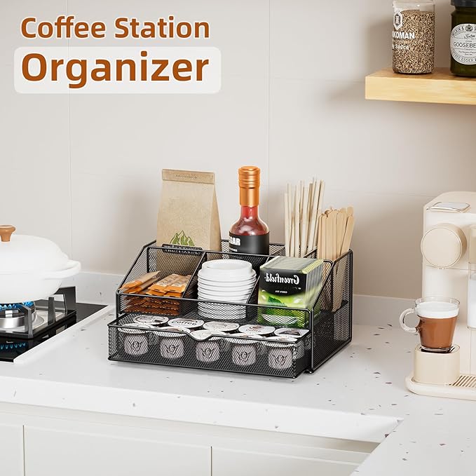 VITVITI Coffee Station Organizer for Countertop, Metal Coffee Bar Organizer Basket with Drawer, 6 Compartments Bar Station Holder for Pods Tea Bag, Black