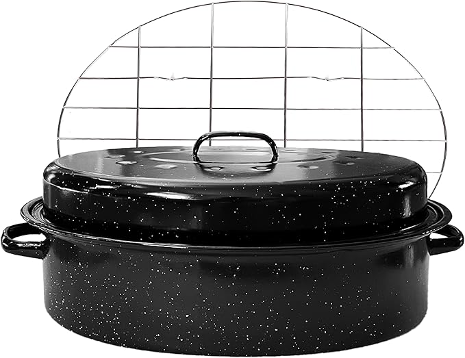 Large Roasting Pan with Lid and Rack 19"Granite Turkey Roaster Pan Set Enameled Steel Design Suitable for Turkey Versatile Cooking Barbecuing,Dishwasher Safe Cookware Holiday Gifts 1