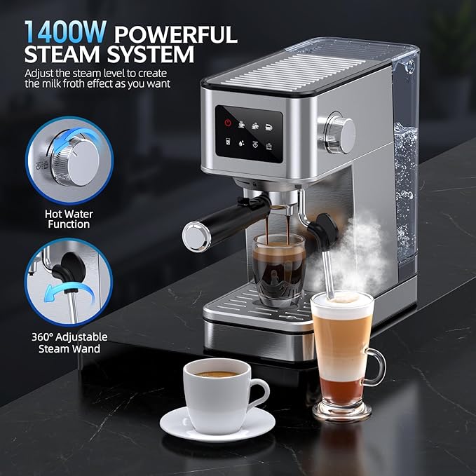 20 Bar Espresso Machine with Milk Frother, Stainless Steel Coffee Maker with Touch Screen & Cold Brew, 45s Fast Heat Small Cappuccino & Latte Machine with 57.5oz Removable Water Tank for Home, Silver
