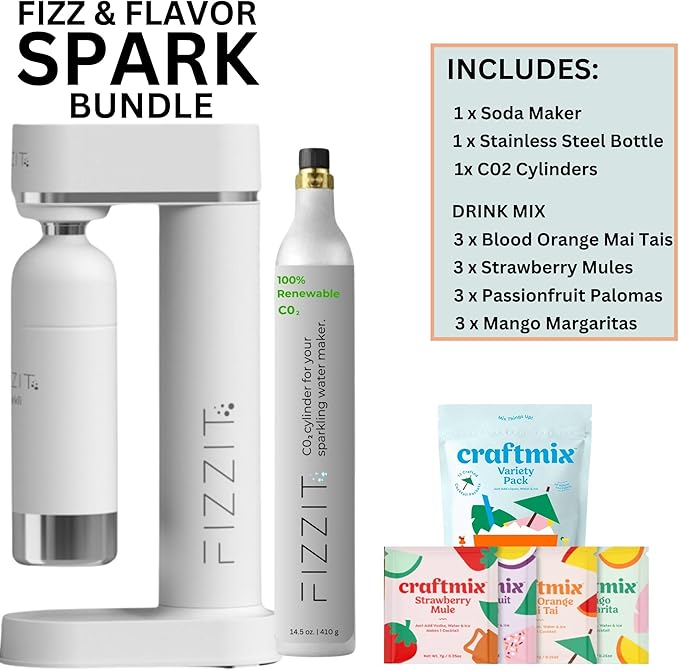 Fizzit Stainless Steel Sparkling Water Maker Bundle | Includes Soda Maker, CO2 Cylinder, & 12-Flavor Variety Pack | Customizable Carbonated Water Machine, Reusable bottle & Eco-Friendly