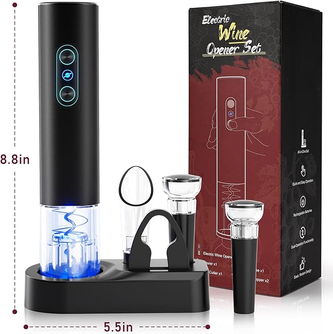 Electric Wine Opener, Rechargeable Cordless Wine Accessories, Stainless Steel Cordless Automatic Wine Bottle Corkscrew with Vacuum Stoppers, Foil Cutter for Home Party Wedding, Bars(Black)