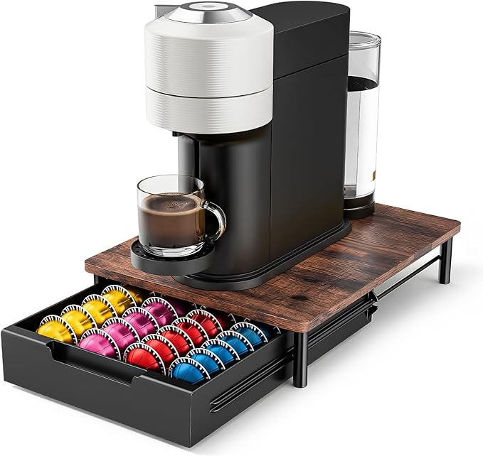 Coffee Pod Drawer Organizer for Nespresso Vertuo, Patented Flexible Slot Design Holds Up to 40 Large Capsules, Rustic Wood Look, Fits Under Coffee Machines