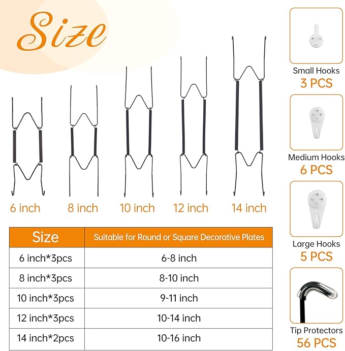 Bilillo 14 Pcs Plate Hangers for Wall - 6/8/10/12/14 Inch Invisible Plates Hanger, Stainless Steel Plate Holders with 14 Pieces Wall Hooks for 5.5 to 15.5 Inch Decorative Plates and Arts (Black)