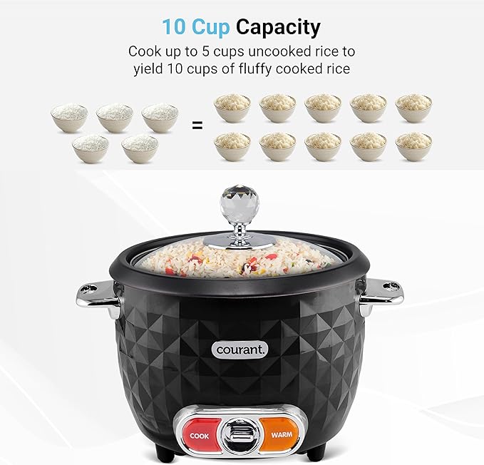 Courant 10-Cup (Cooked) / 5-Cup Uncooked Rice Cooker and Steamer with One-Touch Operation, Automatic Keep Warm Function, and Chrome Accents, Black