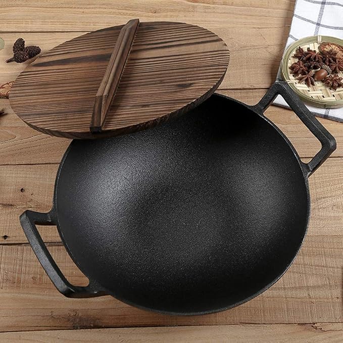 Cast Iron Wok Pan, No Chemical Flat Bottom Stir Fry Pan with 2 Handled and Wooden Lid for Electric, Induction & Gas Stoves-36cm in Diameter