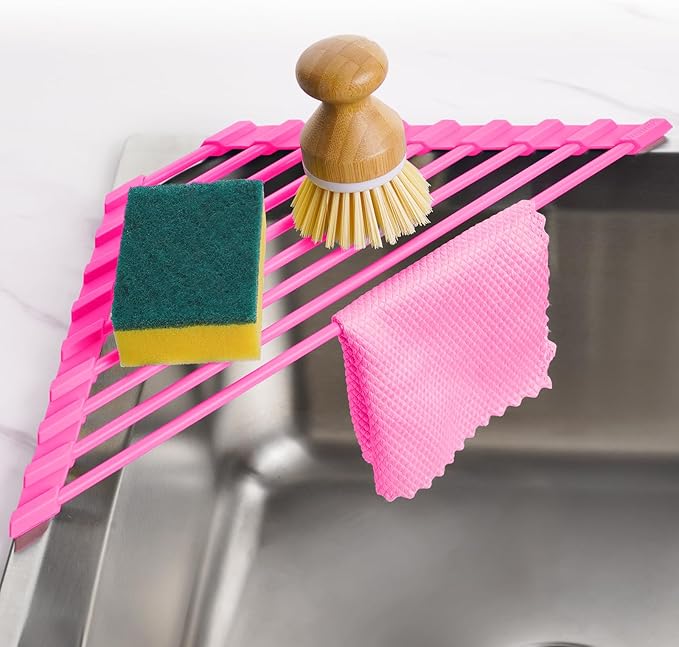 Tomorotec Compact Silicone-Coated Triangle Dish Drying Rack for Sink Corner - Foldable Stainless Steel Over-The-Sink Organizer and Storage Shelf (Hot Pink)