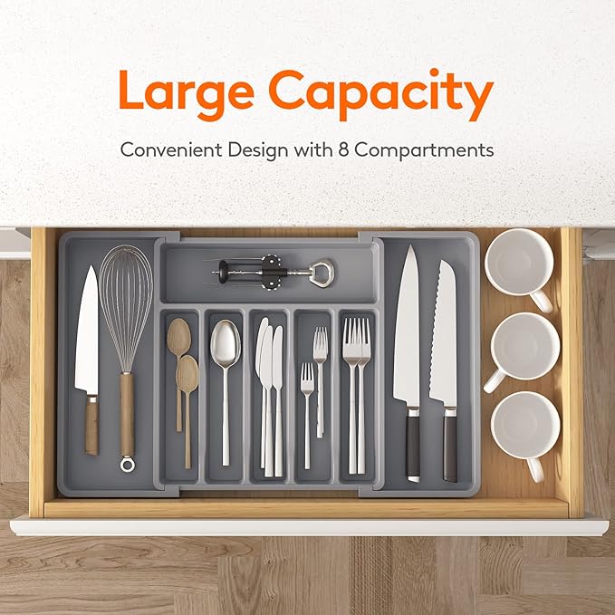 Lifewit Silverware Drawer Organizer, Expandable Cooking Utensil Tray, Adjustable Plastic Storage for Spoons Forks Knives, Large