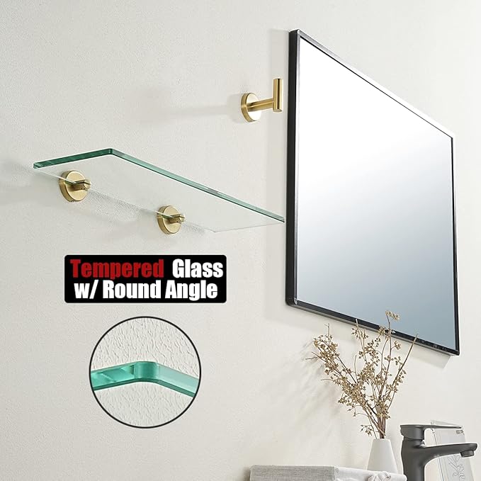 JQK Bathroom Glass Shelf Gold, Tempered Glass Shower Storage 14 by 5 inches, 304 Stainless Steel Brushed Gold Wall Mount, TGS101L14-BG