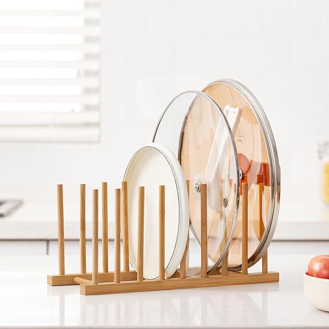 HBlife Heighten and Widen Bamboo Dish Dying Rack Pot Lid Plate Organizer Holder for Cabinet, Cutting Board Stand Drainer Storage Plate Rack for Dish, Pot Lid, Bowl, Cup, Cutting Board and Books