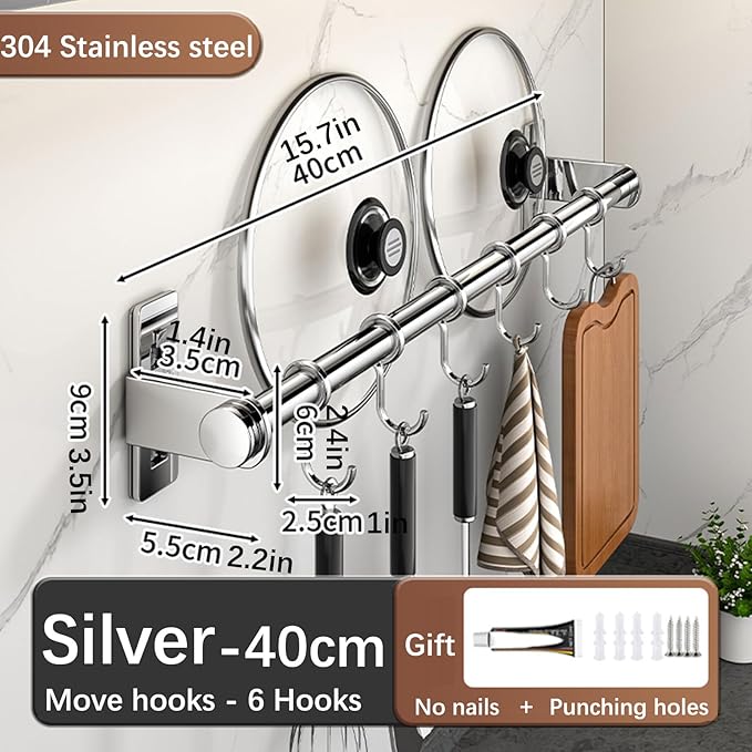 Hanging Wall Mount knife Wall Mount, Kitchen Organizer Storage Shelf for Utensils Spatula Spoon, Space-Saving Knife Rack with Hooks,Wall-Mounted Utensil Holder (Silver, 40CM+Single Pole+6Hooks)