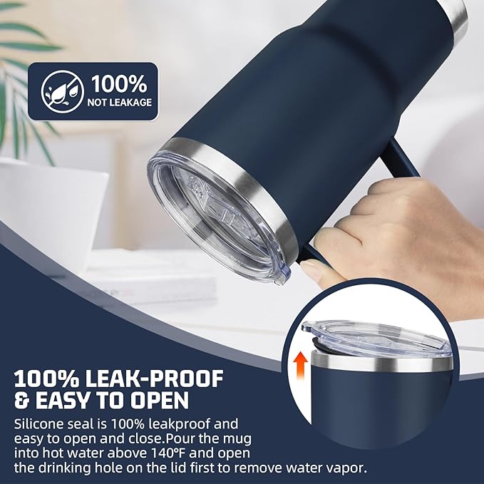 20 oz Tumbler with Handle Stainless Steel Insulated Coffee Mug Tumbler with Lid and Straw Double Wall Vacuum Insulated Coffee Mug Leak Proof Travel Mug Tumbler for Hot and Cold Drink (Navy Blue,4pack)