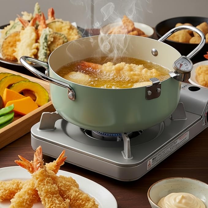 ZOOFOX Deep Fryer Pot with Thermometer, Japanese Frying Pot with Lid and Oil Drain Rack, Non-stick Tempura Fryer Pan for Kitchen French Fries, Chicken, Seafood