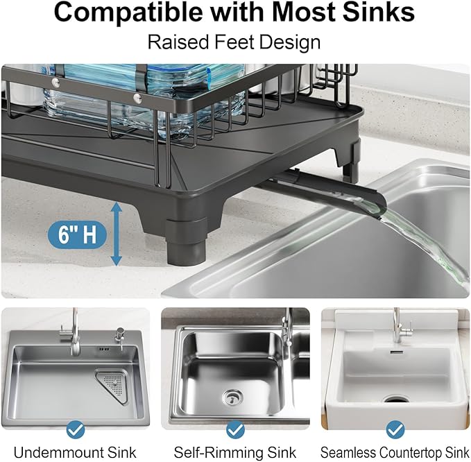GSlife 2 Tier Dish Drying Rack with Drainboard, Expandable Large Dish Drainer for Kitchen Counter, Rust Resistant Dish Drainer with Cup Holder & Utensil Holder, 12.6" W x 18.7"-25.2" L, Black