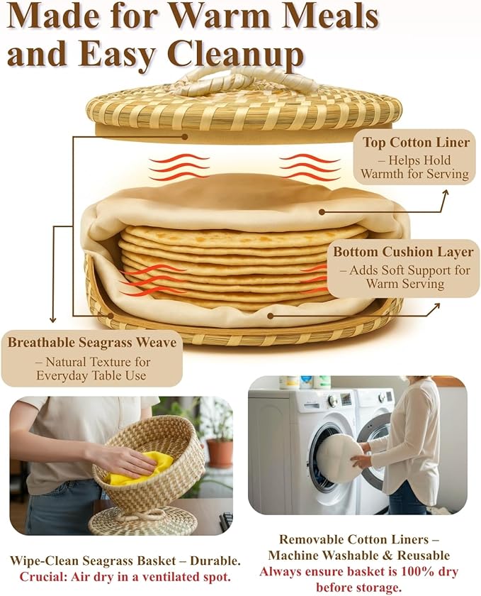 Handwoven Seagrass Tortilla Warmer Basket with Lid, 9.6" Breathable Natural Tortilla Holder with 2 Washable Cotton Liners, Boho Farmhouse Style Server for Tortillas, Roti, Pancake & Flatbread