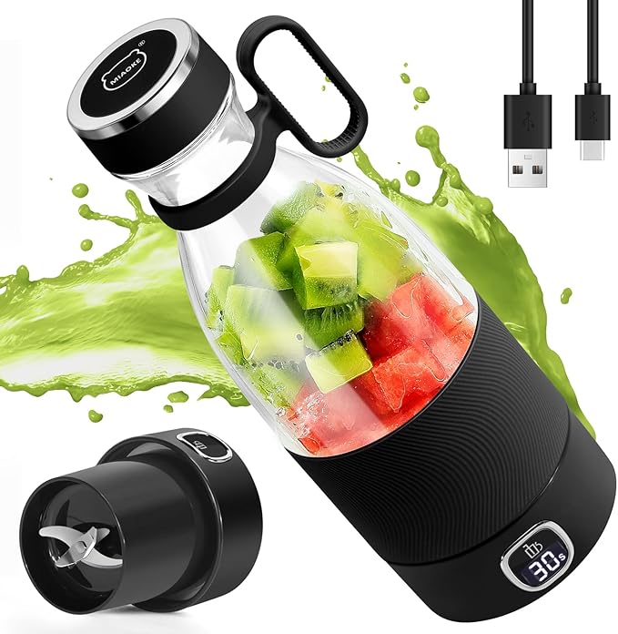 MIAOKE Portable Blender, 6 Blades Juicer Cup for Juice Shakes and Smoothies 350ml Mini Blender with Led Display Usb Rechargeable,3000Mah Rechargeable Battery, for Home Sports Outdoors Travel-Black