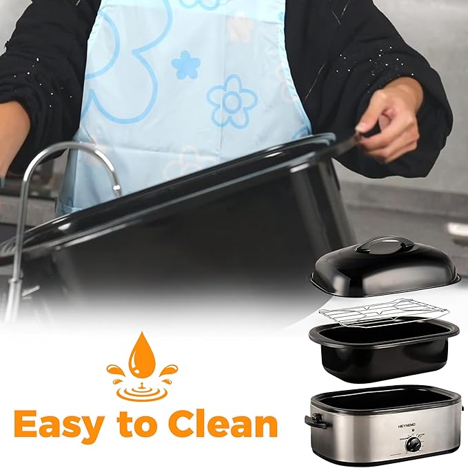 18Qt Turkey Roaster Oven Buffet with Self-Basting Lid, 1450W Electric Roaster Pan with Cool-Touch Handles, Stainless Steel Roaster Oven with Removable Pan and Rack, Silver