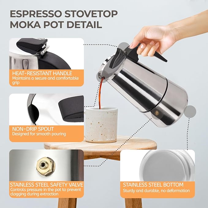 4 Cup 200ml Moka Pot Stainless Steel Espresso Coffee Maker Stovetop Coffeemaker Italian Classic Style Brewing Greca Cafe Mocha Machine for Cafeteras Lover Camping Travel and Home Use 6.6oz