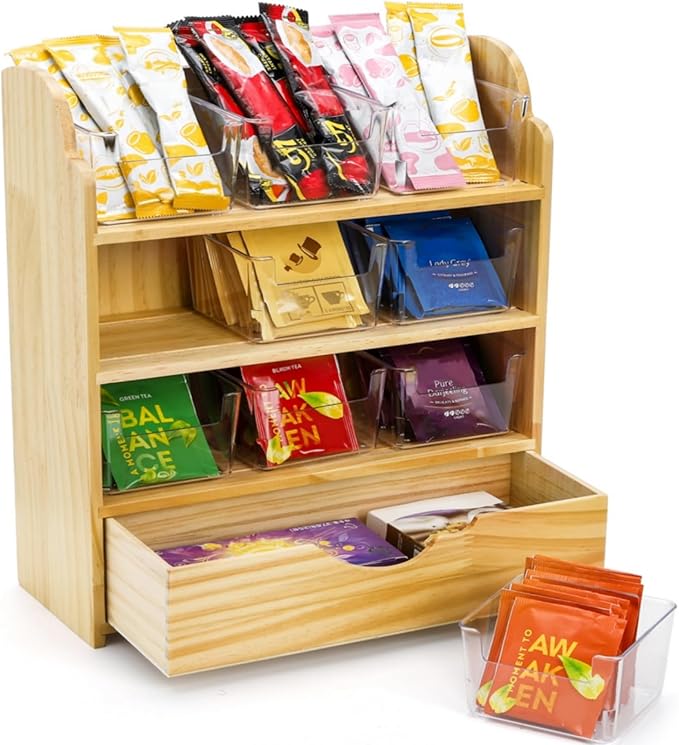 Tlence 4 Tier Wood Tea Bag Organizer, 15"x12.3"x4.5" Vertical Tea Storage Holder, Teabag Station Stand with 9 Plastic Box, Tea Packet Rack with Slide Drawer, Teabag Cabinet Shelf for Sugar and Creamer
