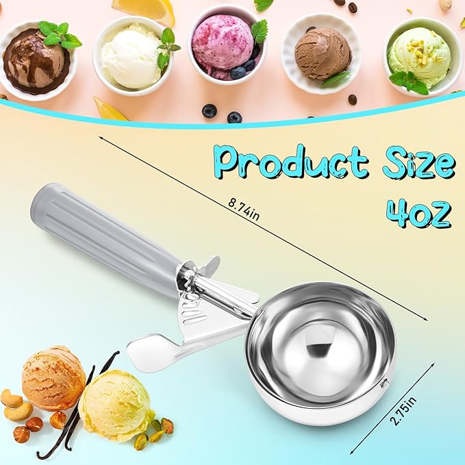 Reallnaive 4 Pcs Release Cookie Scoops Ice Cream Scooper with Trigger Release Portion Scoop Stainless Steel for Portion Control, Baking Food, Cookie Dough (4 oz,Gray)