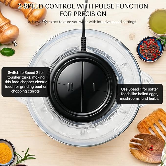 Electric Food Processor and Vegetable Chopper, 2L Glass Bowl Small Food Mixer for Meat, Vegetables, Nuts, with 2-Speed & Pulse Control for Easy Clean, Compact Kitchen Gadget