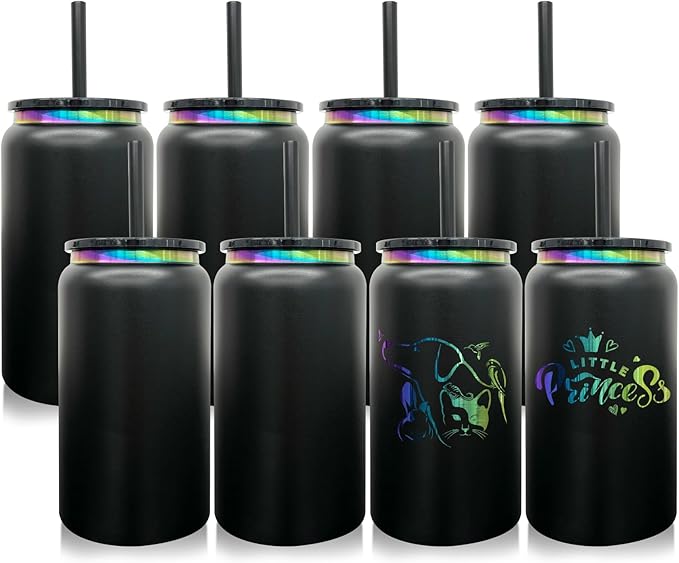 8 Pack Glass Cups with Lids and Straws, 16 oz Stainless Steel Cups, Insulated Skinny Tumbler, Powder Coated Travel Tumblers for Laser Engrave, Iced Coffee Cup for Smoothie Water DIY Gift(Black,8 pack)