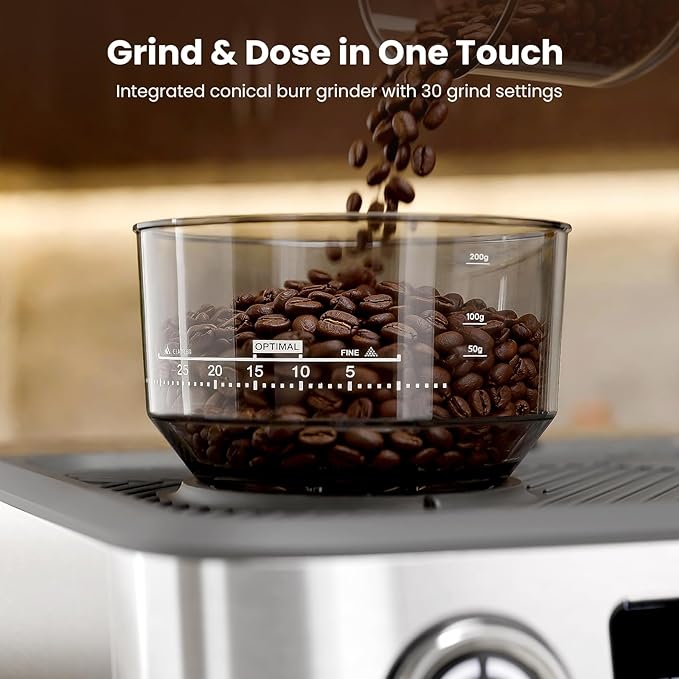 Kismile Dual Boiler Espresso Machine with Grinder, 20 Bar Espresso Maker with Milk Steamer & Hot Water, Dual LED Display, Pressure Gauge, Burr Grinder, coffee Machine for Home&Office, Stainless Steel