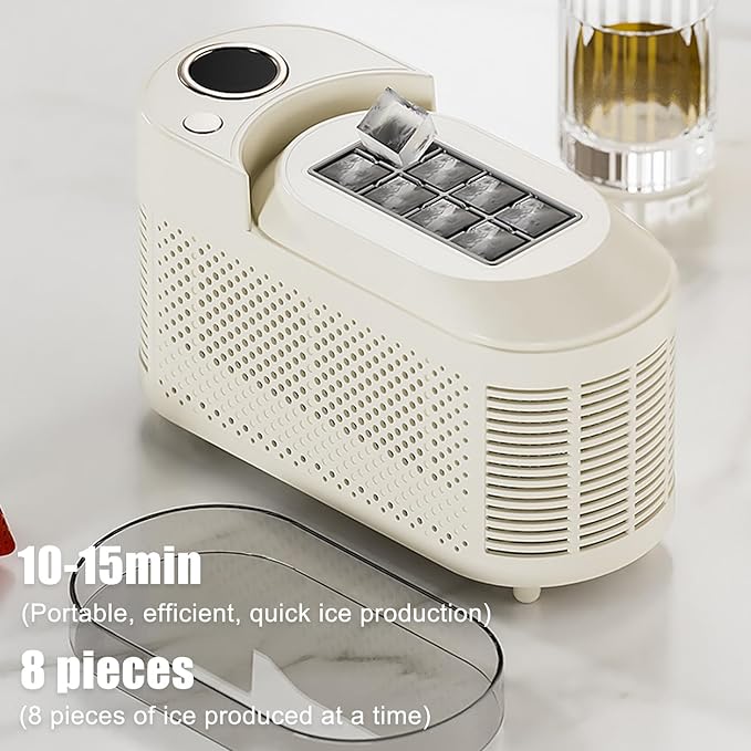 Mini Ice Maker Machine Counter Top for Home Office, Portable Clear Ice Cube Maker, 8 Cubes in 10 Mins, Low Noise, Easy Cleaning (White Standard)