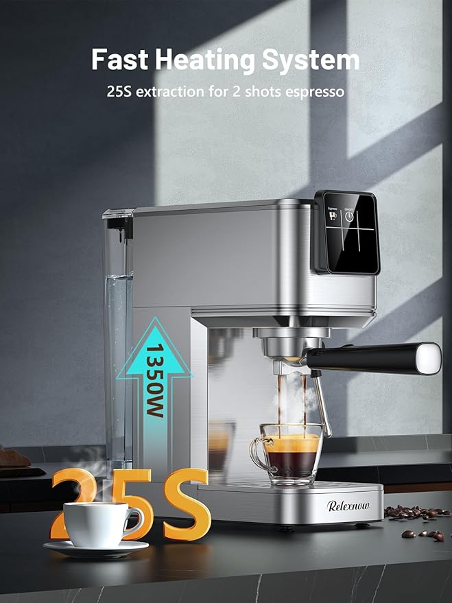 RELEXNOW Espresso Machine, 20 Bar Espresso Maker Milk Frother & LCD Panel, Hot & Iced with Rapid Cold Brew, Stainless Steel Espresso Coffee Machine with 41oz Water Tank for Cappuccino, Latte