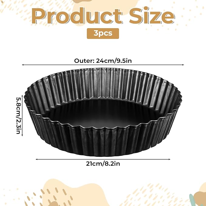 3 Pack 9.5 Inch Tart Pan with Removable Bottom, Non Stick Durable Carbon Steel Deep Quiche Tart Pan Fluted Pie Pan for Pot Oven Pies Cheesecakes Desserts