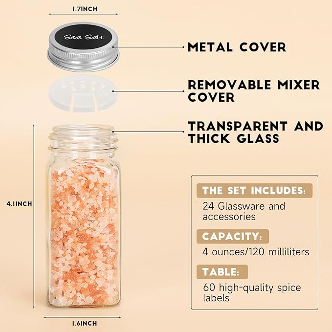 DIDITIME Spice Rack Organizer – 24 Glass Jars, 60 Labels & Marker, Space-Saving Kitchen Countertop, Cabinet & Wall Rack