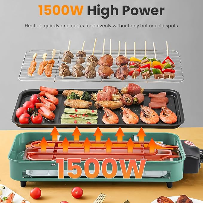 TeqHome 1500W Electric Indoor Grill,2 in 1 Smokeless Raclette Table Grill for Kitchen,Barbecue Korean BBQ Grill with Grill Net,Non-Stick Cooking Removable Plate & 5 Temperature Control，Dishwasher Safe