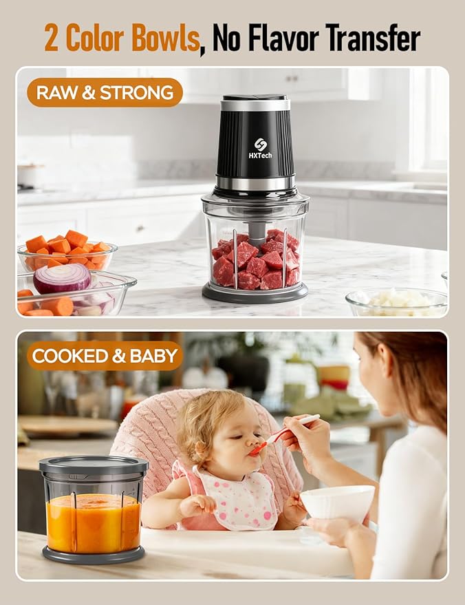 Food Processor 4 Cup: Mini Electric Food Chopper with 2 Bowls, Small Meat Grinder with 2 Speed & 4 Blades for Vegetable, Meat, Nuts, Functions for Chopping, Dicing, Mixing and Puree-Gray