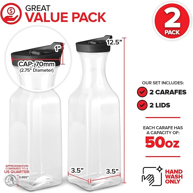 50oz Plastic Juice Carafe with Black Lids (2 Pack) 50 oz Carafes for Mimosa Bar, Drink Pitcher with Lid, Milk Container, Clear Beverage Containers for Fridge, Pantry Storage, Square Pitchers