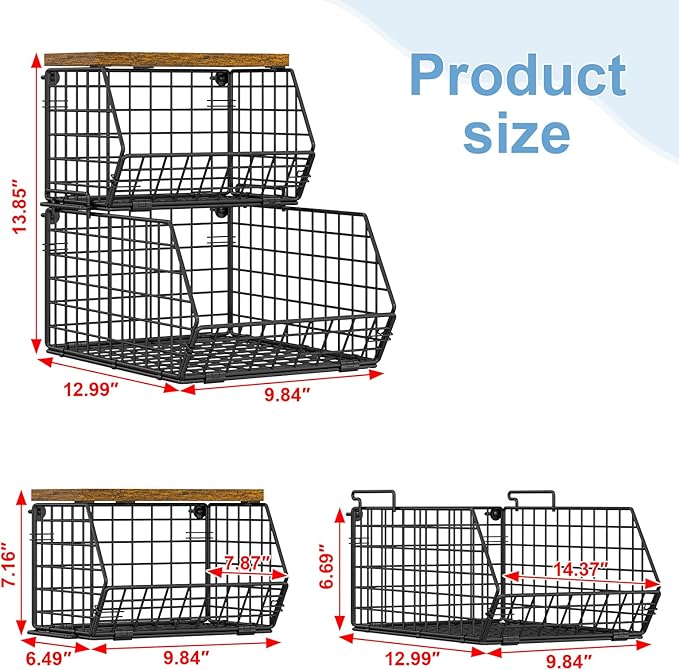 X-cosrack Stackable Wire Baskets for Counter, Fruit and Vegetable Storage, Potato and Onion Storage Bin，Kitchen Pantry Organizer - Wall Basket for Produce/Snack/Can, Large with Wood Top, Black