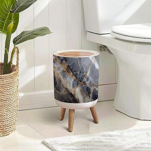 Trash Can with Lid White Yellow Patterned Detail Structure Gray Marble Texture Press Top Round Small Garbage Bin with Wooden Legs Waste Basket for Kitchen Bedroom Nursery 7L/1.8 Gallon