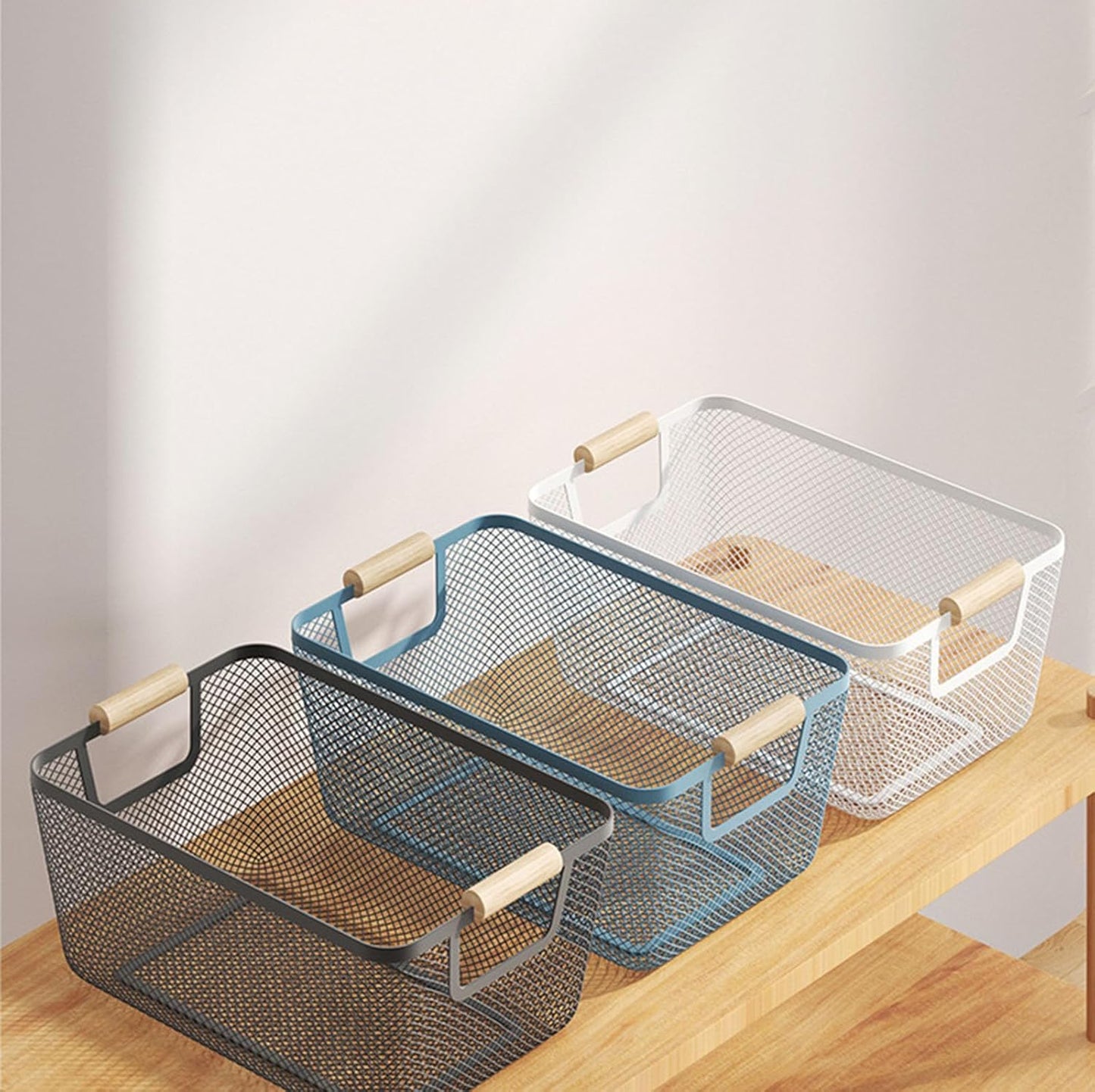 Metal Mesh Steel Basket, Large Wire Storage Organizer Basket Multi-function Hanging Kitchen Baskets with Wood Handle for Kitchen Bathroom Picnic Home, Rectangle-Blue