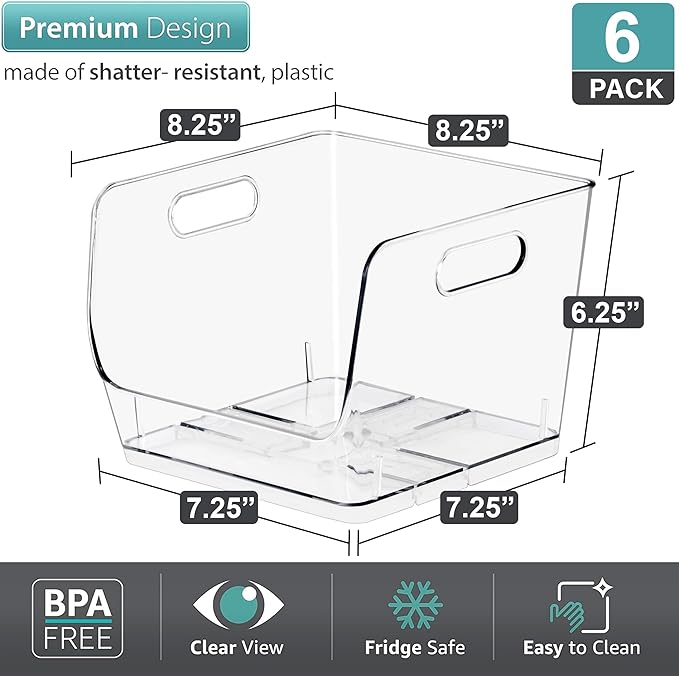 Sorbus Stackable Storage Bins Open Front, Clear Stackable Storage Bins, Pantry Bins for Storage and Organization, Acrylic Stackable Bins for Kitchen, Clear Pantry Organizer Bins (Medium Sqware 6 Pack)