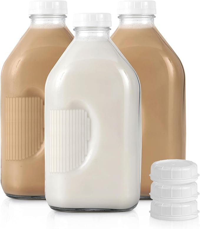 Stock Your Home Half Gallon Glass Milk Bottle with Lid (3 Pack) 64 Oz Jugs and 6 White Caps, Reusable Food Grade Milk Container for Refrigerator, Bottles for Juice, Oat or Plant Milks, Water, Honey