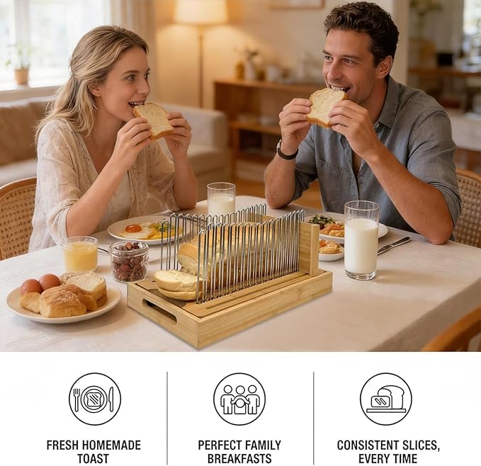 Bamboo Bread Slicer for Homemade Bread by Forest Manor - Adjustable Width Stainless Steel Slicing Guides & Crumb Tray -Sourdough Bread, Cakes, Loaves, Bagel Slicer - Kitchen Baking Tools & Gifts