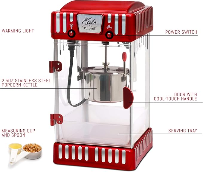 Elite Gourmet EPM-250X Maxi-Matic 2.5 Ounce Classic Carnival, Tabletop Kettle Popcorn Popper Machine, Retro-Style, Movie Hot Buttered Popcorn, Red