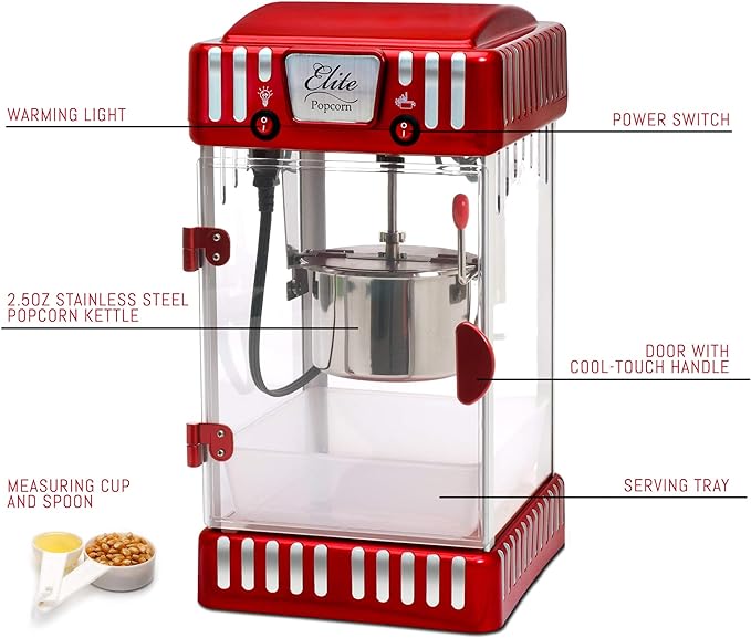 Elite Gourmet EPM-250 Maxi-Matic 2.5 Ounce Classic Carnival, Tabletop Kettle Popcorn Popper Machine, Retro-Style, Movie Hot Buttered Popcorn, Red