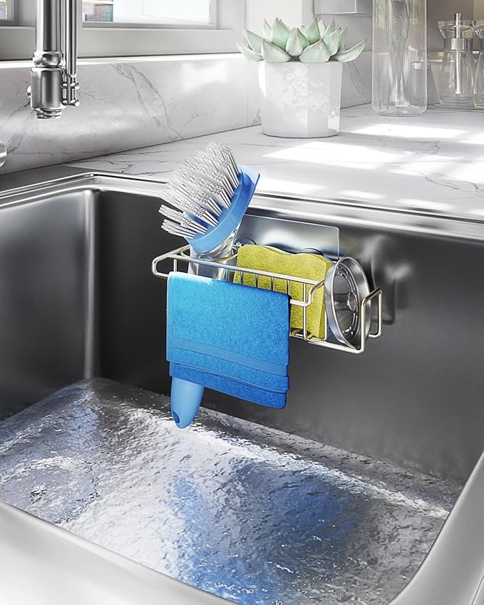 HapiRm Sink Caddy Sponge Holder - No Drill Sponge Holder for Kitchen Sink, Rustproof and Waterproof Kitchen Organizer - Brushed Nickel（8.65 * 3.54 * 2.36 in）
