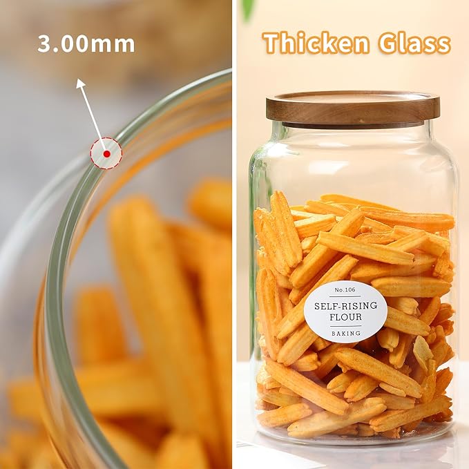 1 Gallon Glass Jars with Acacia Wood Lids and glass spoon, Sealable Waterproof, Borosilicate Large Tall Glass Sugar Flour Storage Container Jar Set for Coffee, Nut, Candy, Cereal - 2 Pack