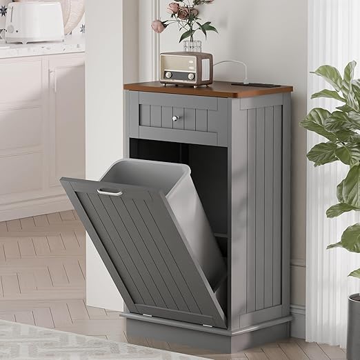 Betterhood Double Tilt Out Trash Cabinet with Power Outlet, 10 Gallon Trash Cabinet with Storage,Pet Proof Trash Can with 2 AC & USB Sockets for Kitchen,Living Room (Grey, Single Door)